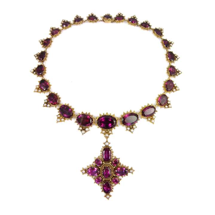 19th century foiled amethyst and pearl cluster necklace and cross brooch-pendant